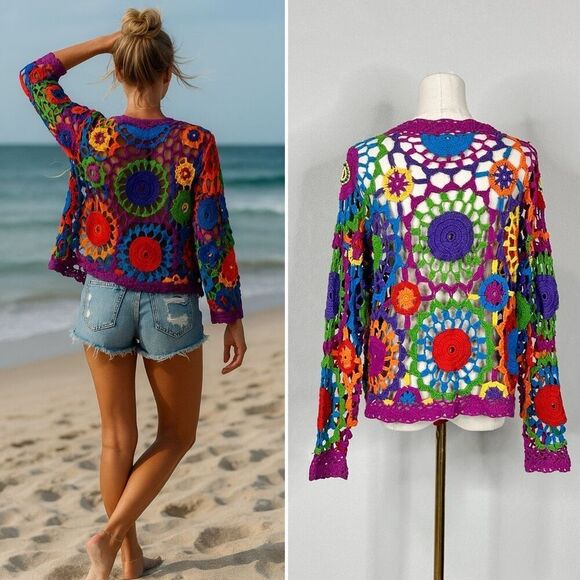 Vintage ‘80s Rainbow Floral Crochet Radial Rainbow Cardigan OSFM Boho Festival - Picture 2 of 15